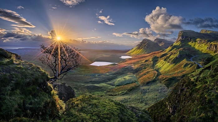 clouds, valley, sunset, lake, nature, grass, shrubs, landscape, island, sky, hill, Skye, road, Scotland, panoramas