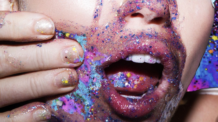 album covers, glitter, juicy lips, Miley Cyrus, colorful