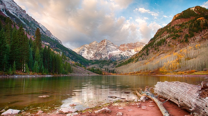 mountain, landscape, clouds, lake, trees