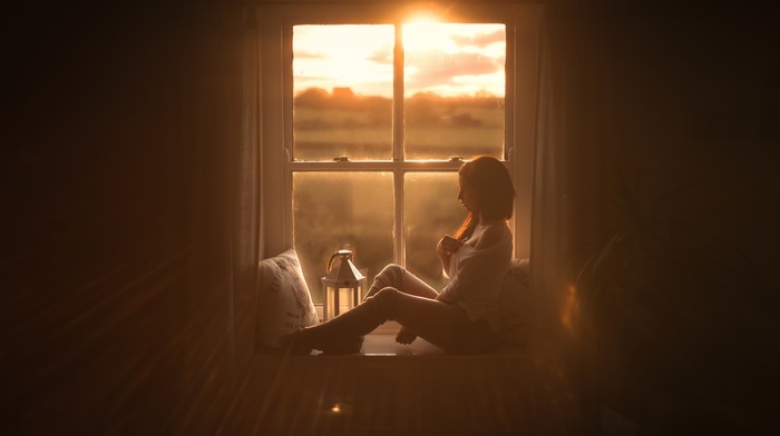girl, sunlight, window, model