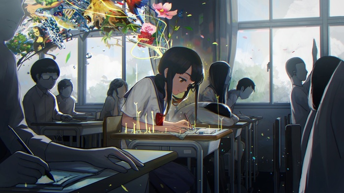 anime girls, original characters, desk, creativity, school uniform, school, trees, abstract
