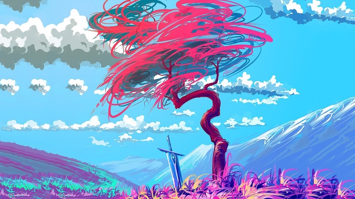 sword, clouds, colorful, mountain, trees, creativity