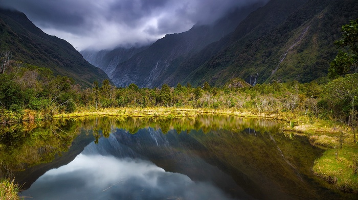 shrubs, mountain, landscape, nature, reflection, New Zealand, waterfall, clouds, lake, valley, grass