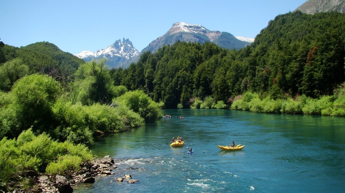 turquoise, landscape, summer, snowy peak, forest, water, mountain, nature, rafting, river, Chile