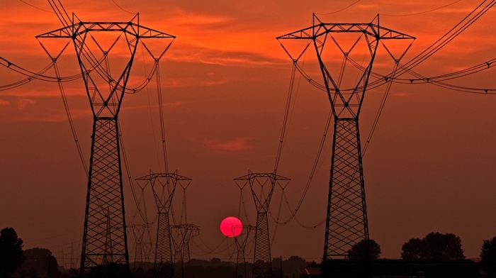 power lines, Sun, sunset