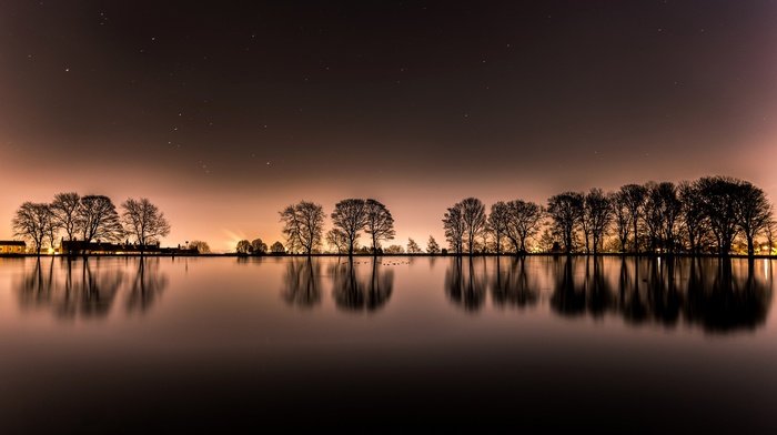 sunset, trees, lake, landscape