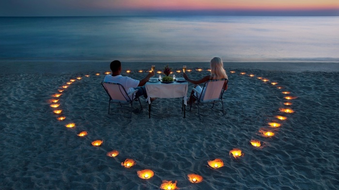 beach, lovers, hearts