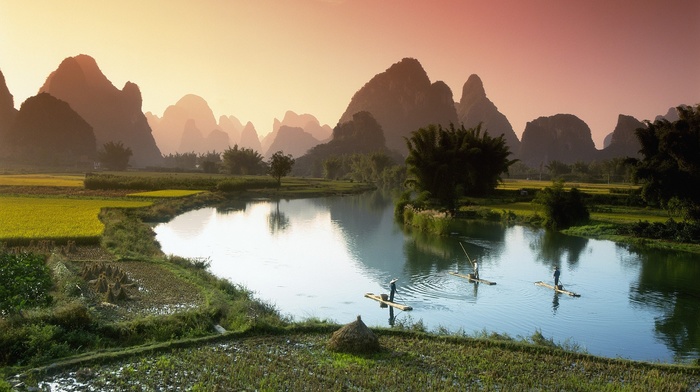 nature, trees, mountain, river