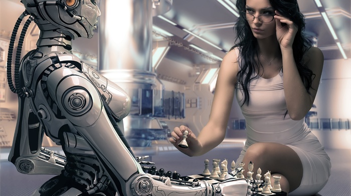 robot, girl, chess, digital art