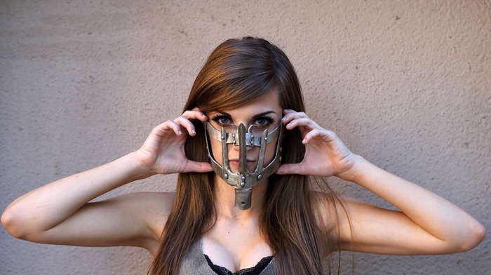 cosplay, cleavage, Mad Max Fury Road, bra, long hair, brunette, girl, mask, simple background