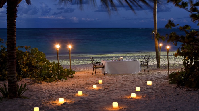landscape, beach, sea, Vacations, candles