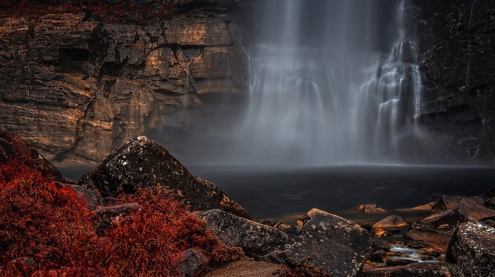 rock, waterfall, river