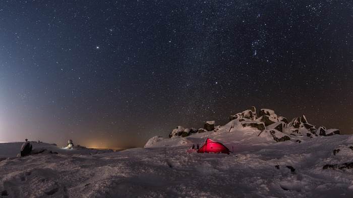 mountain, landscape, stars, snow, tents