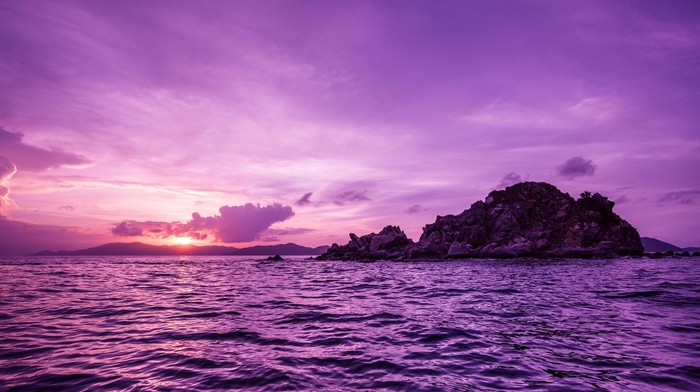 purple, sunset, nature, island, sea