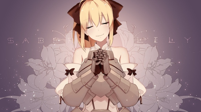 closed eyes, FateGrand Order, gauntlets, lilies, Saber Lily, anime girls, blonde, fate series