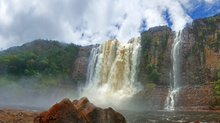 Venezuela, Canaima National Park, landscape, waterfall, cliff, tropical forest, river, nature, clouds