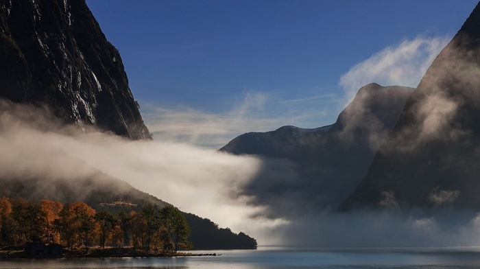 landscape, trees, nature, Norway, mountain, mist, lake, fall