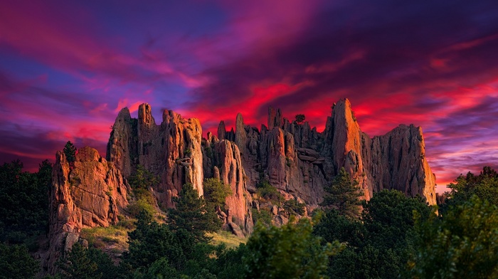 sky, sunrise, rock formation, landscape, trees, Colorado, nature, colorful, clouds, red, erosion