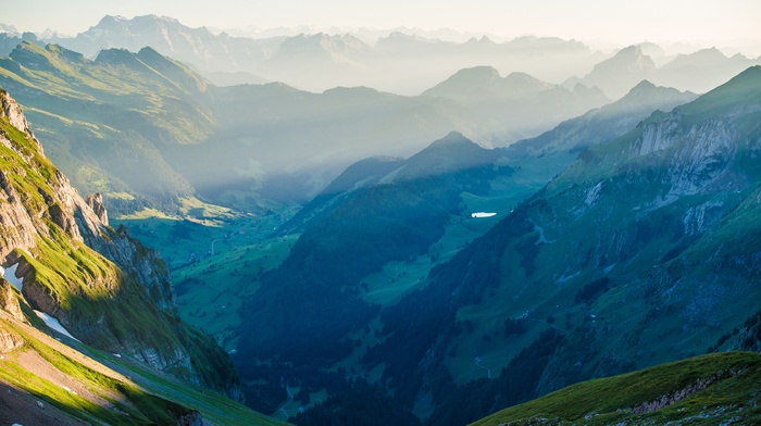 nature, sunlight, mist, mountain pass, mountain, Alps, sunrise, Switzerland, forest, landscape, valley