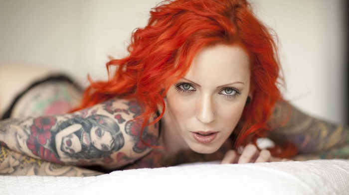 redhead, lingerie, girl, in bed, tattoo