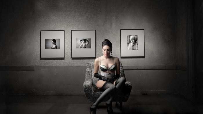 lingerie, sitting, chair, walls, model