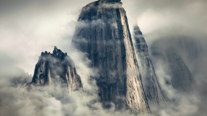 nature, sunlight, clouds, vertical, mist, mountain, cliff, Greenland, landscape