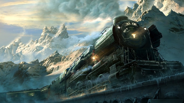 frost, winter, clouds, sunlight, train, landscape, mountain, nature, railway, machine, steam locomotive, sunset, snowy peak, snow