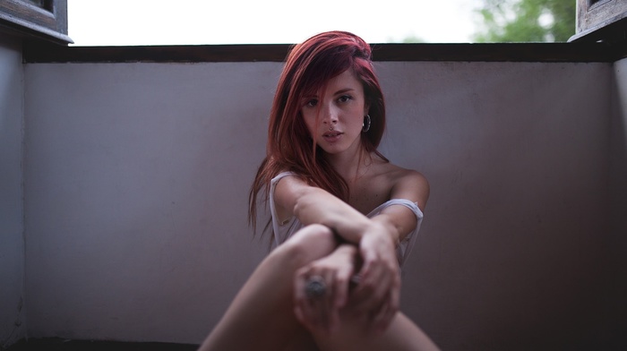 portrait, sitting, redhead, model, girl