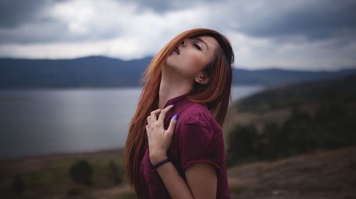 closed eyes, girl outdoors, face, piercing, girl, redhead, portrait