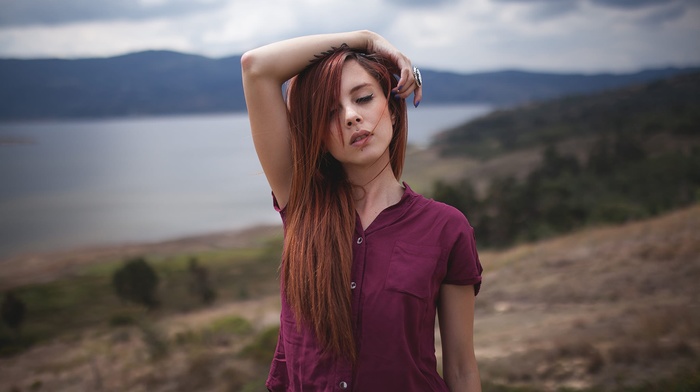 portrait, piercing, girl, closed eyes, face, redhead, girl outdoors