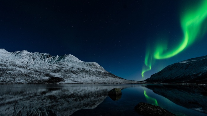 mountain, lake, reflection, aurorae, snow