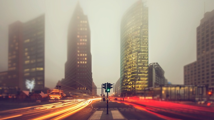 skyscraper, Berlin, Germany, mist, street, cityscape