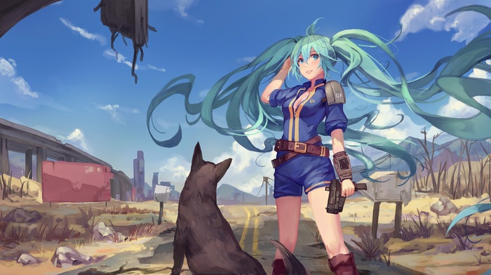 anime girls, dog, Fallout 4, Vocaloid, gun, weapon, twintails, apocalyptic, crossover, Fallout, Hatsune Miku, pistol