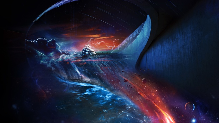 space, red, ship, blue, waterfall, fantasy art