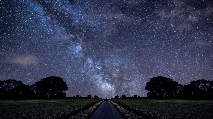 road, alone, field, Milky Way, landscape, stars