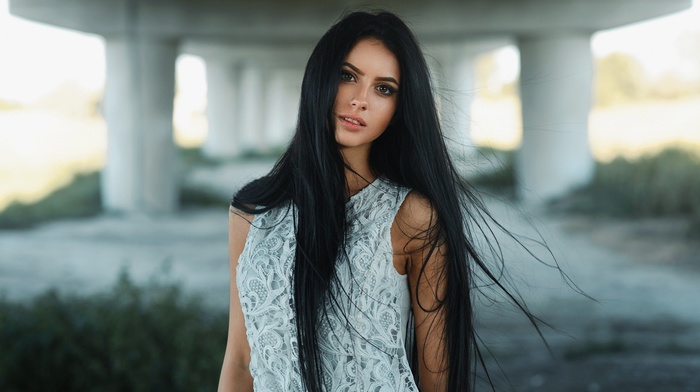 depth of field, girl outdoors, long hair, straight hair, looking at viewer, dark hair, girl