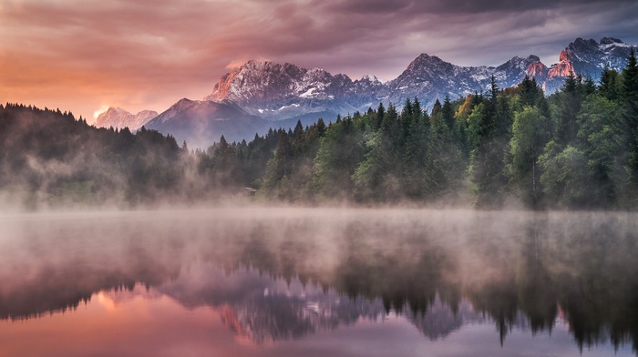 landscape, mist, reflection, mountain, lake