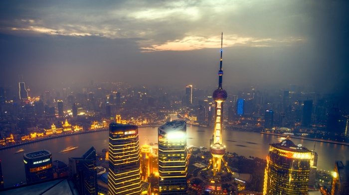 city, clouds, lights, Shanghai, building, river, urban