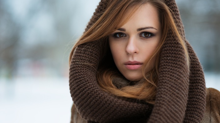 winter, brunette, portrait, long hair