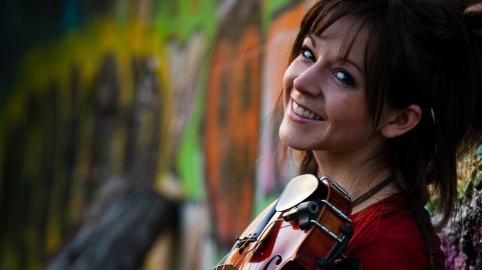 long hair, girl, depth of field, lindsey stirling, smiling, looking at viewer, face, brunette