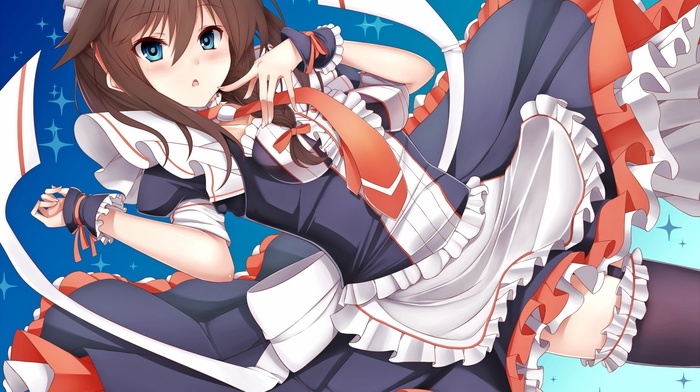 Kantai Collection, Shigure KanColle, brunette, anime, anime girls, thigh, highs, maid outfit