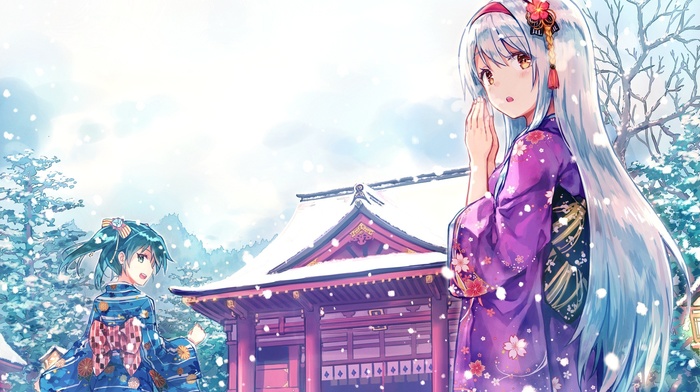 snow, Japanese clothes, kimono, anime, Kantai Collection, winter, anime girls, Shoukaku KanColle, traditional clothing, Zuikaku KanColle, shrine