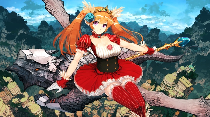 orange hair, original characters, thigh, highs, bow and arrow, anime girls, dragon, staff, dress, animal ears, brunette, forest, twintails, hair ornament