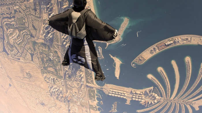 skydiving, United Arab Emirates, wingsuits, island