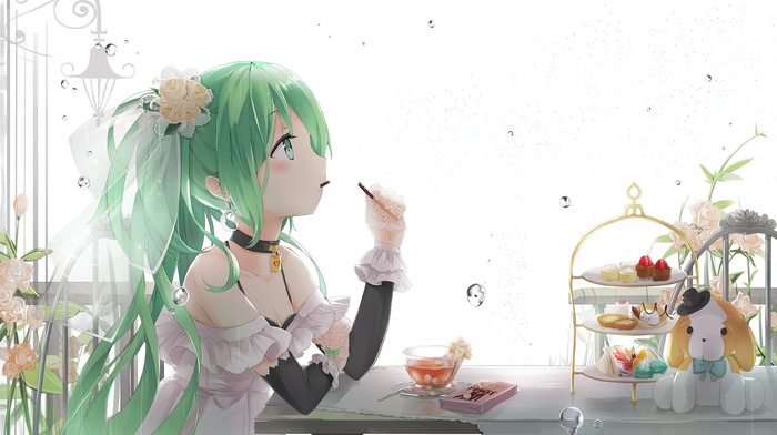 green hair, flowers, cakes, water, Hatsune Miku, Vocaloid