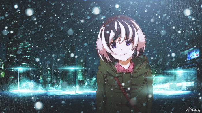 city, winter, night, snow, monogatari series, anime, hanekawa tsubasa