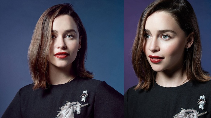 collage, brunette, girl, red lipstick, Emilia Clarke