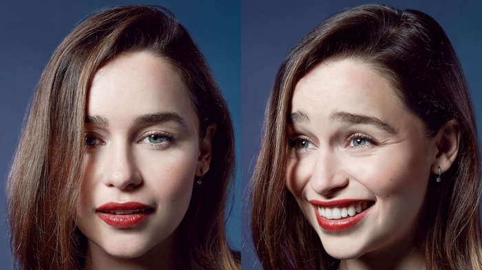 girl, brunette, collage, red lipstick, Emilia Clarke