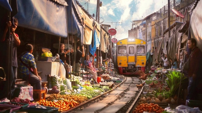 bar, fruit, railway, diesel locomotives, house, Thailand, Asia, train, satellite, blankets, vegetables, markets, clouds, Bangkok, people