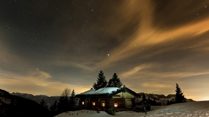 house, hut, snow, stars, winter, sky